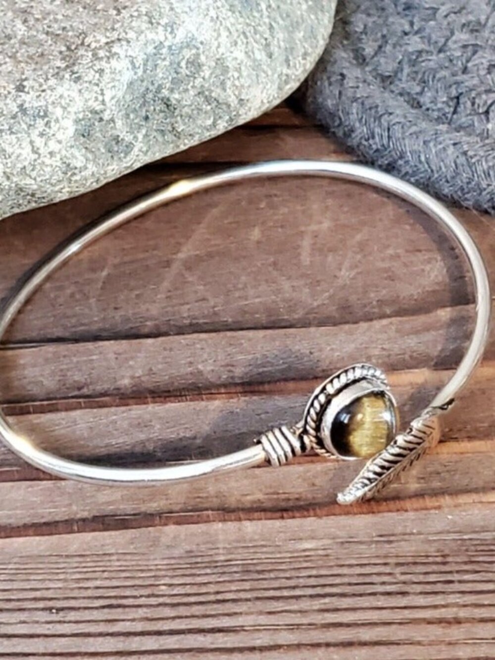 Handcrafted Tigers Eye Carved Leaf Gemstone Sterling Silver Overlay Artisan Cuff - Picture 6 of 7